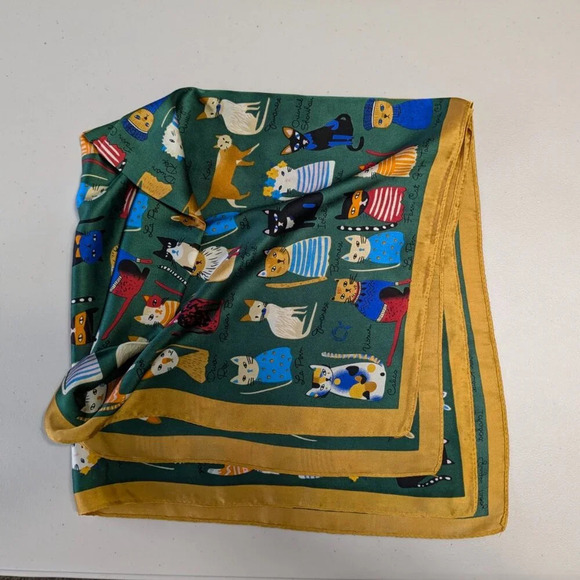 Whimsical assorted cats on silky green polyester with gold trim scarf, head wrap - Picture 3 of 15